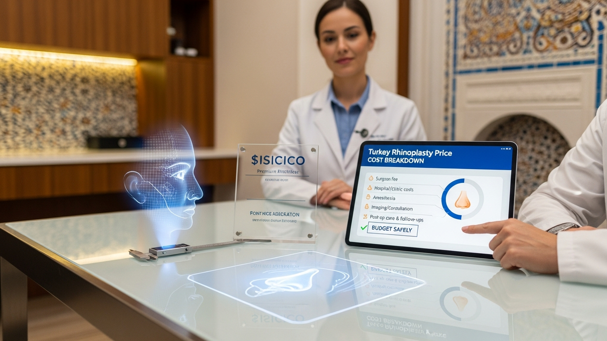 Turkey rhinoplasty price research: patient reviewing rhinoplasty cost breakdown and recovery timeline