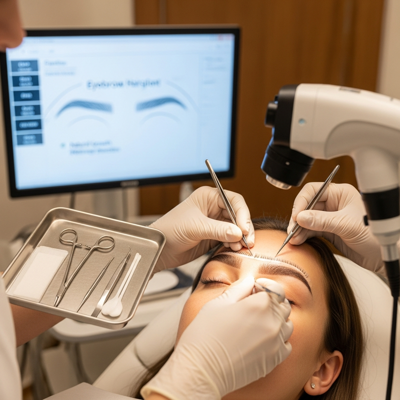 Close-up of eyebrow hair transplant aftercare and careful graft placement for natural brow density