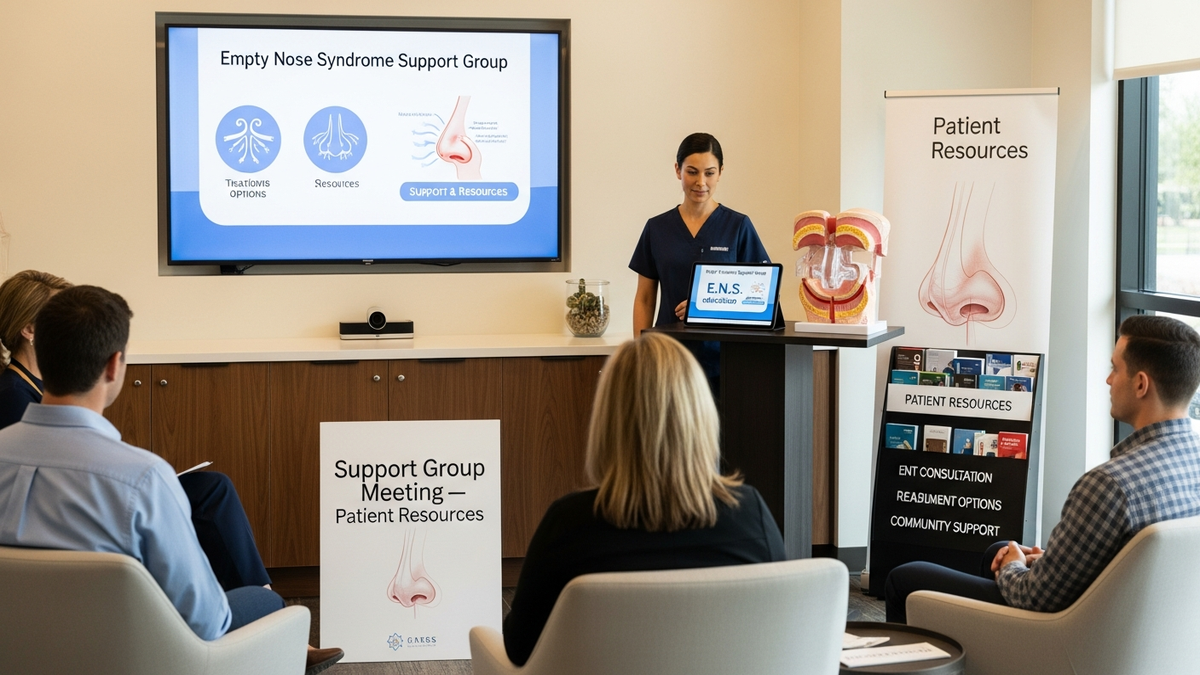 Empty nose syndrome support group meeting with patients discussing nasal airflow symptoms and coping strategies in a calm, supportive setting