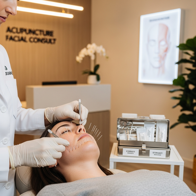 Facelift with acupuncture close-up: facial acupuncture points on the cheek and jaw area with a professional, serene treatment atmosphere