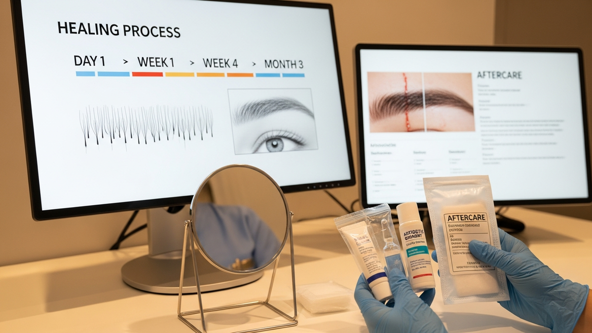 Eyebrow transplant healing process timeline illustration showing scabbing, shedding, and regrowth stages