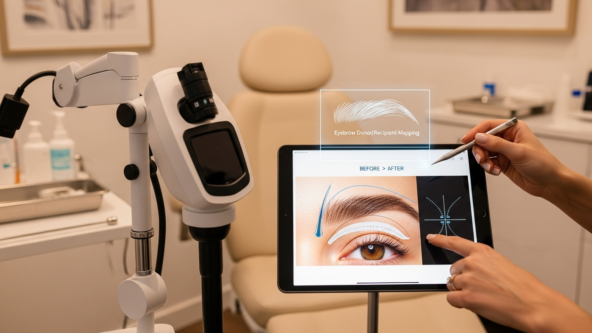 Eyebrow transplant consultation concept image showing natural eyebrow mapping and facial symmetry planning