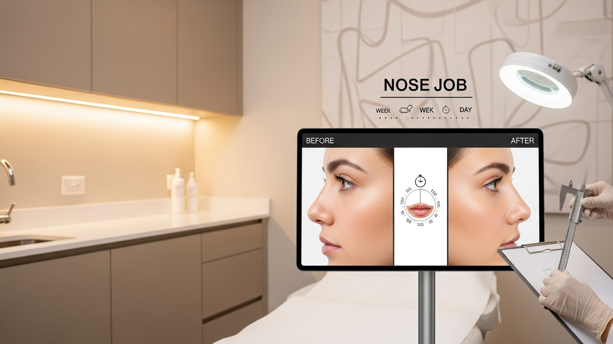 Nose job before and after concept image showing a natural-looking nose profile with subtle facial harmony in a bright clinical setting