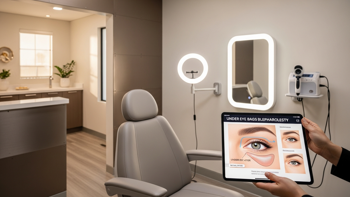 Under eye bags blepharoplasty concept image showing a close-up of the lower eyelid area with a natural, rested eye appearance