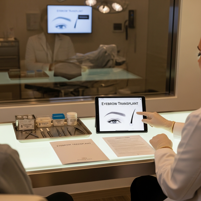 Eyebrow transplant Beverly Hills: close-up illustration of natural eyebrow mapping and graft placement planning