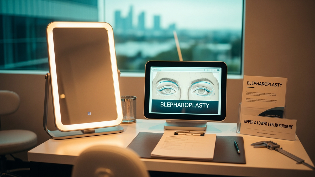Blepharoplasty in Beverly Hills consultation setting with a surgeon discussing upper and lower eyelid surgery goals