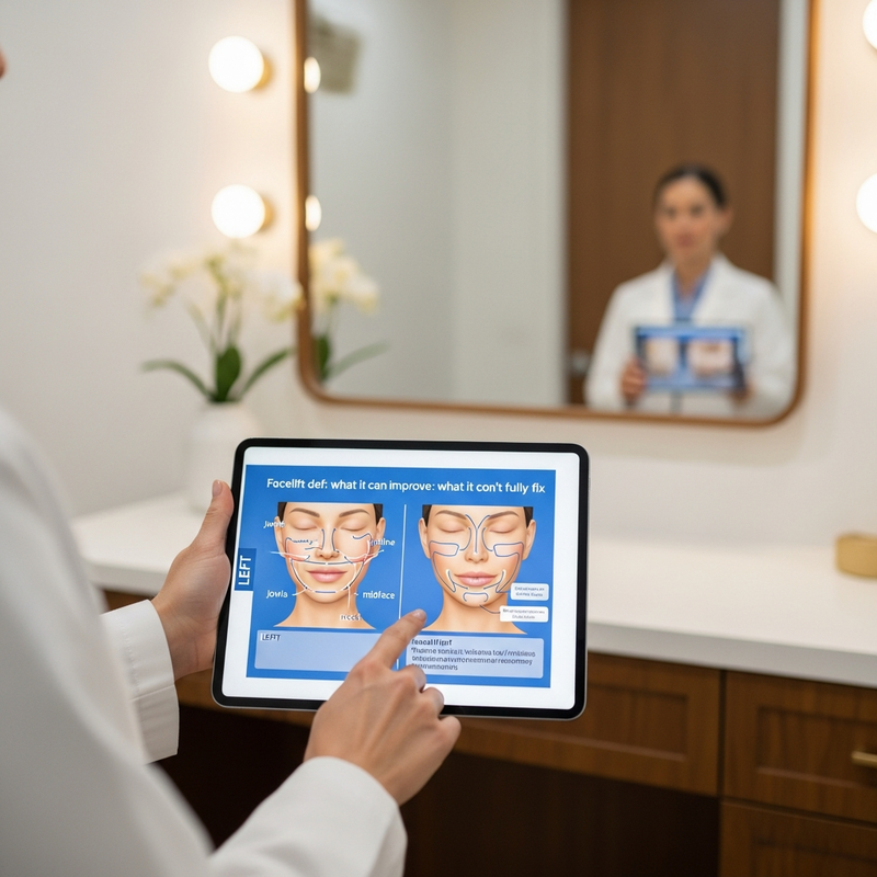 Facelift def: patient-friendly visual showing lifted face and neck contours for a younger appearance