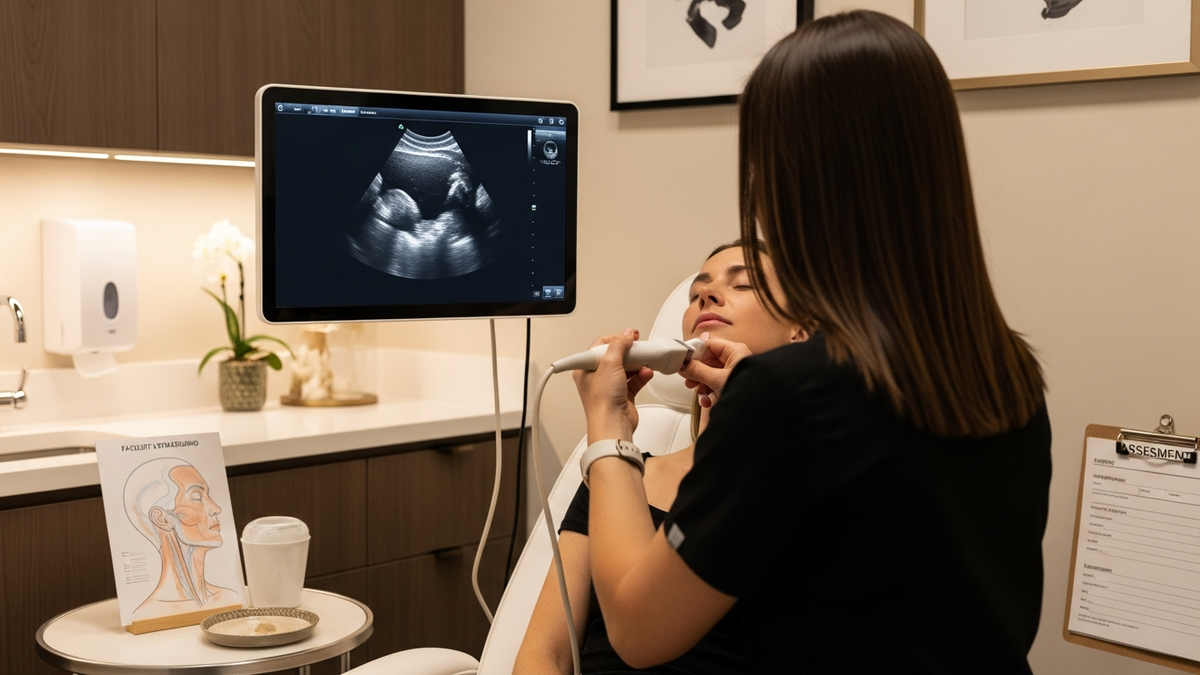 Facelift with ultrasound treatment concept image showing a focused ultrasound device over the jawline for skin tightening