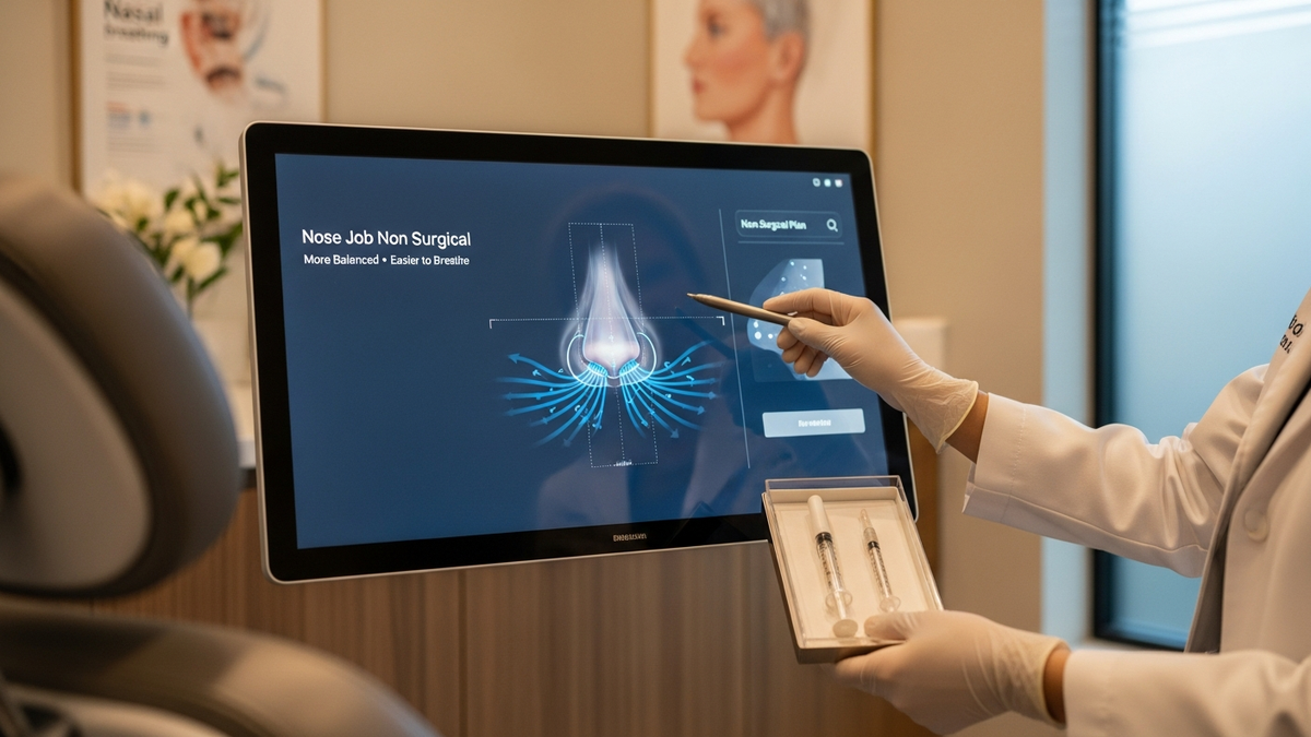 Nose job non surgical: clinician discussing non-surgical nasal reshaping options in a modern Beverly Hills consultation room