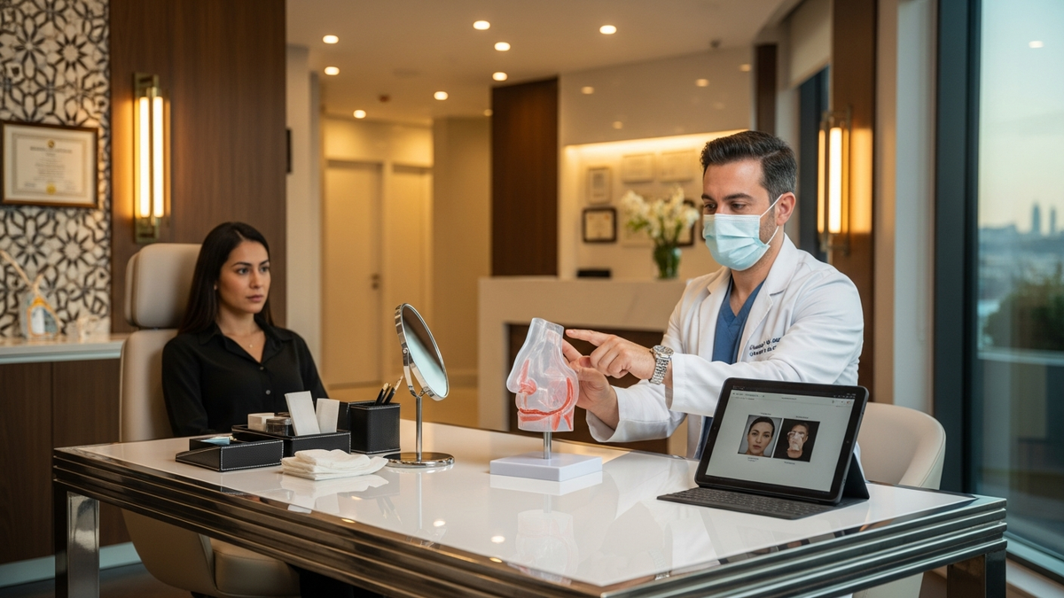 Rhinoplasty in Turkey guide showing a modern clinic setting and patient consultation for nose reshaping and breathing evaluation