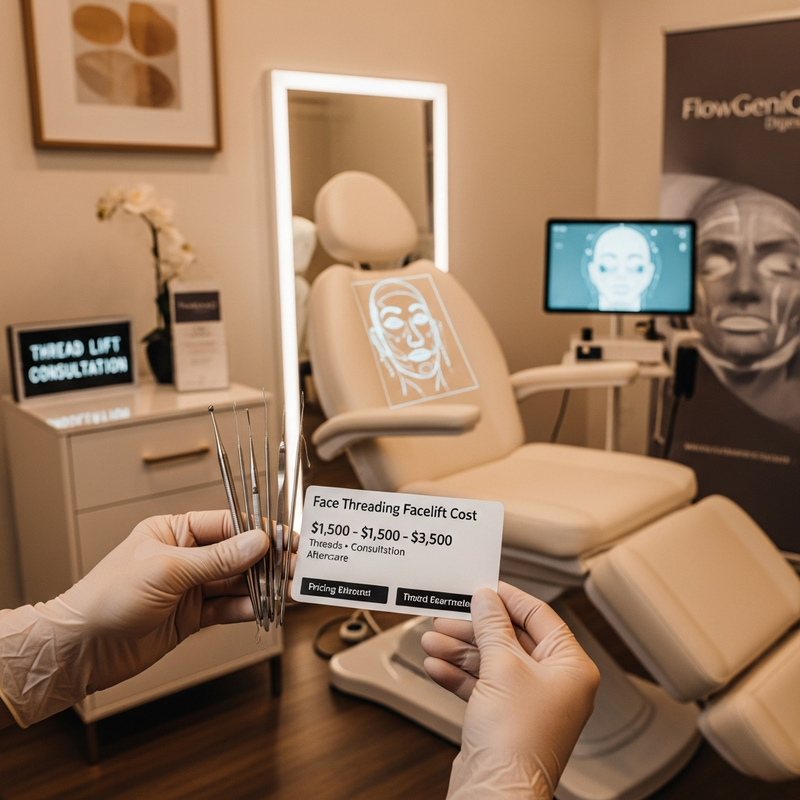 Close-up visual for face threading facelift cost article card with thread-lift concept and patient consultation theme