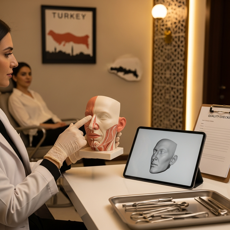 Rhinoplasty in Turkey: surgeon consultation image illustrating nose anatomy discussion and safety checklist for travelers