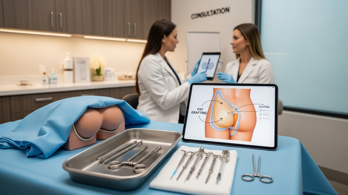 Gluteal fat grafting body contouring consultation showing natural buttock volume enhancement concept