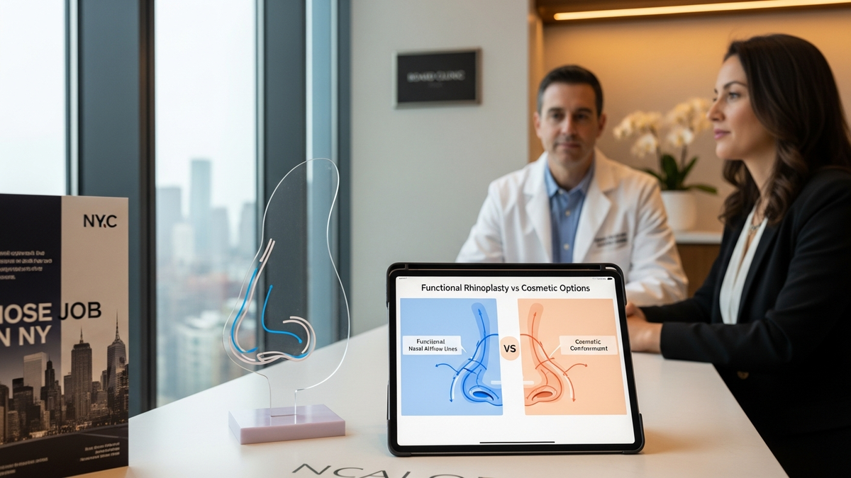 Nose job in NY informational hero image showing a close-up of a patient’s face with a subtle nasal profile and natural lighting