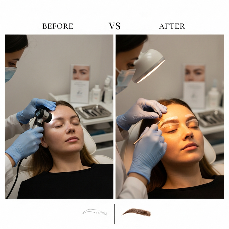 Eyebrow transplant before and after photos card image illustrating eyebrow hair regrowth stages