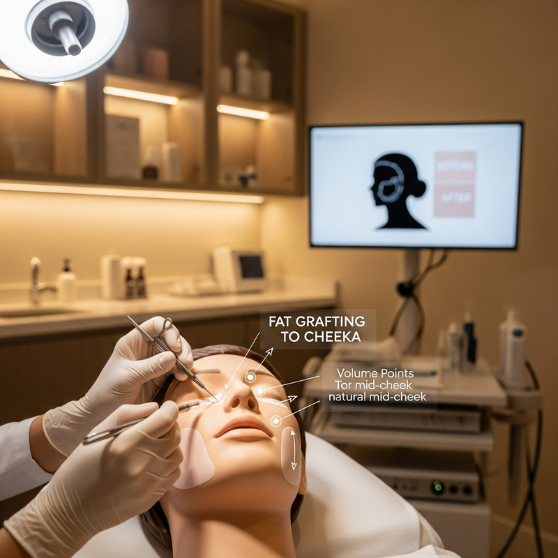 Close-up illustration representing fat grafting to cheeks for natural-looking cheek volume restoration