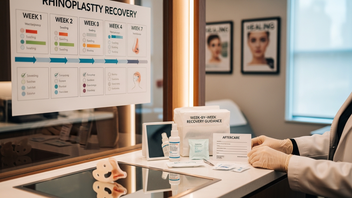 Recovery rhinoplasty timeline: patient resting with head elevated and gentle cold compresses during early healing