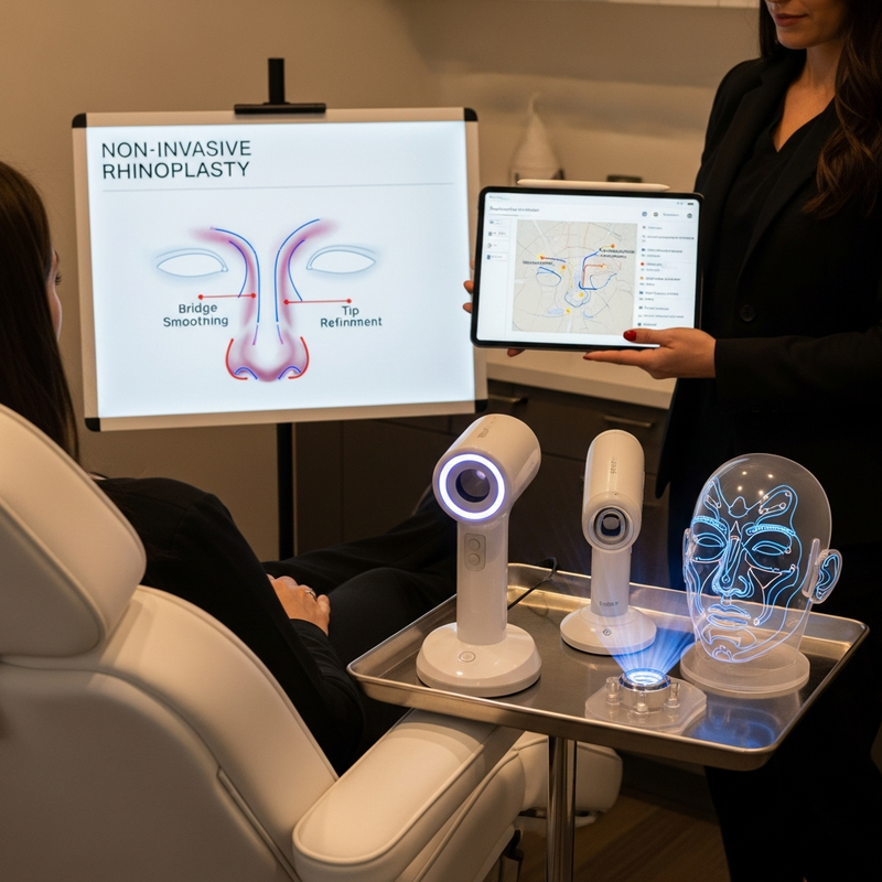 Non-invasive rhinoplasty concept image showing a profile view and careful aesthetic planning for nasal bridge and tip contouring.