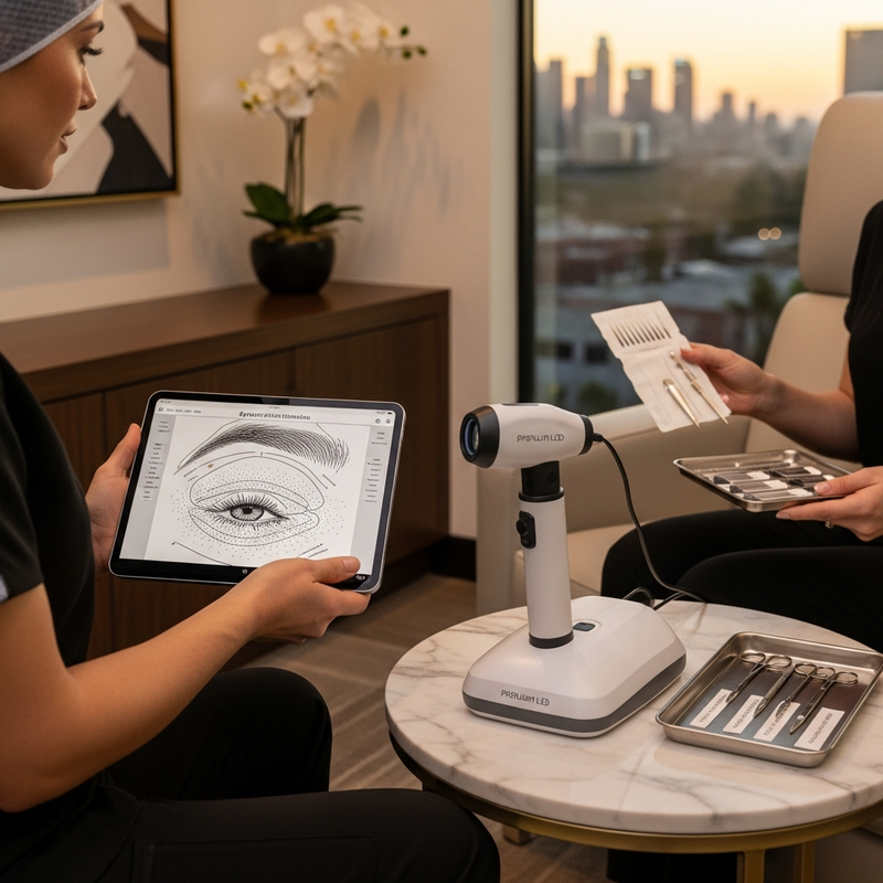 Close-up of natural eyebrow transplant los angeles result planning with brow mapping sketch