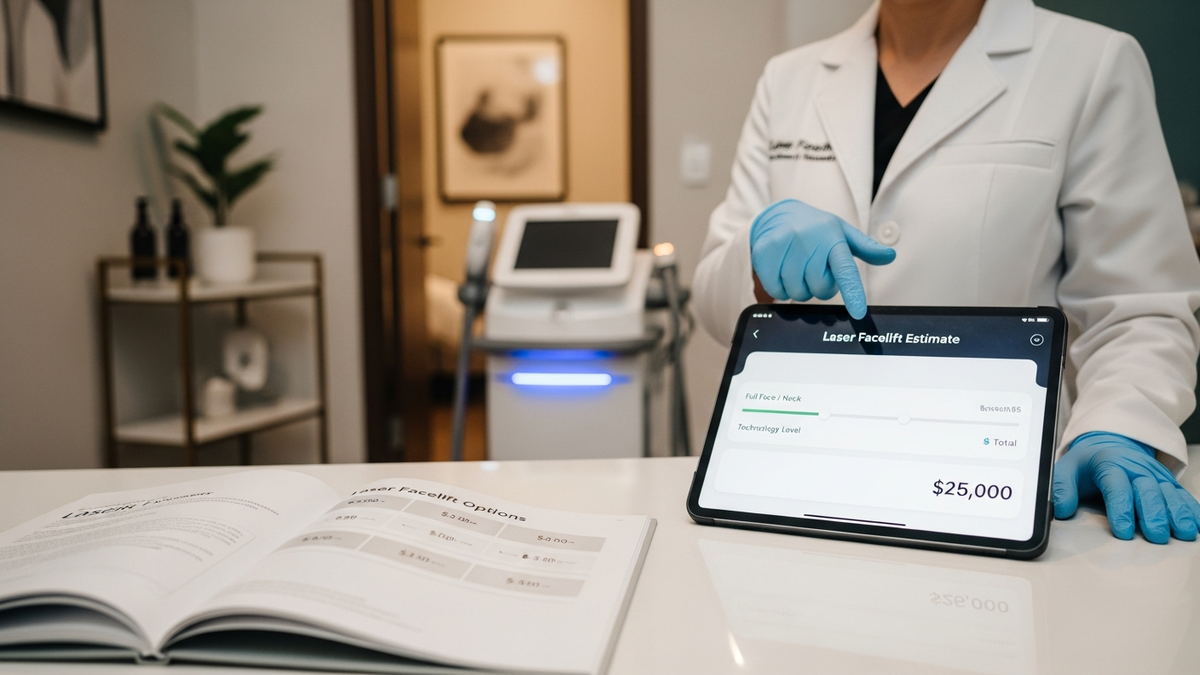 How much is a laser facelift: clinician evaluating facial skin for laser resurfacing and tightening in Beverly Hills