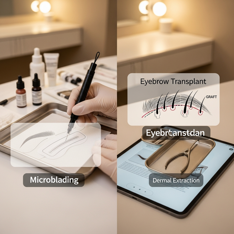 Eyebrow transplant vs microblading infographic card for fuller, natural brows