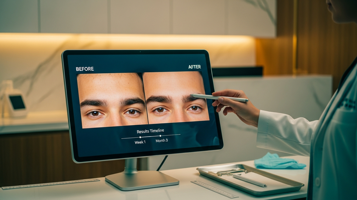 Male eyebrow transplant before and after results showing natural eyebrow shape and density changes during regrowth