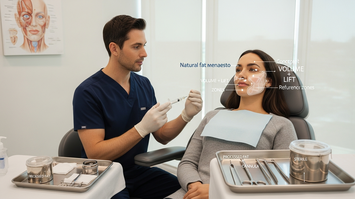 Cheek fat grafting consultation in a clinic: surgeon analyzing midface volume to plan natural-looking fat transfer
