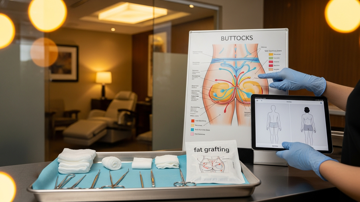 Fat grafting to buttocks consultation setting with surgeon discussing Brazilian butt lift safety, donor fat harvest, and recovery plan