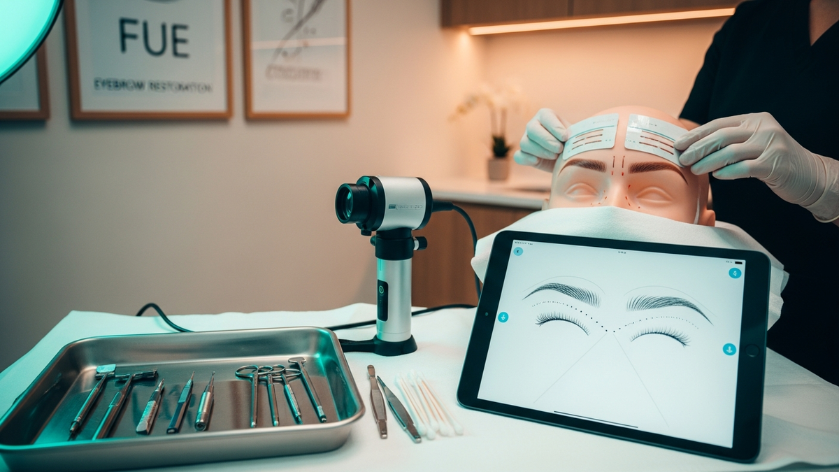 Eyebrow transplant FUE consultation: surgeon mapping natural eyebrow shape for facial harmony