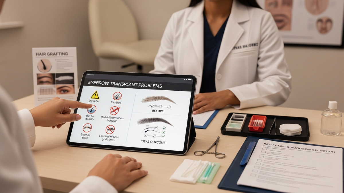 Eyebrow transplant problems guide showing natural eyebrow restoration planning and recovery in a facial aesthetic consultation setting