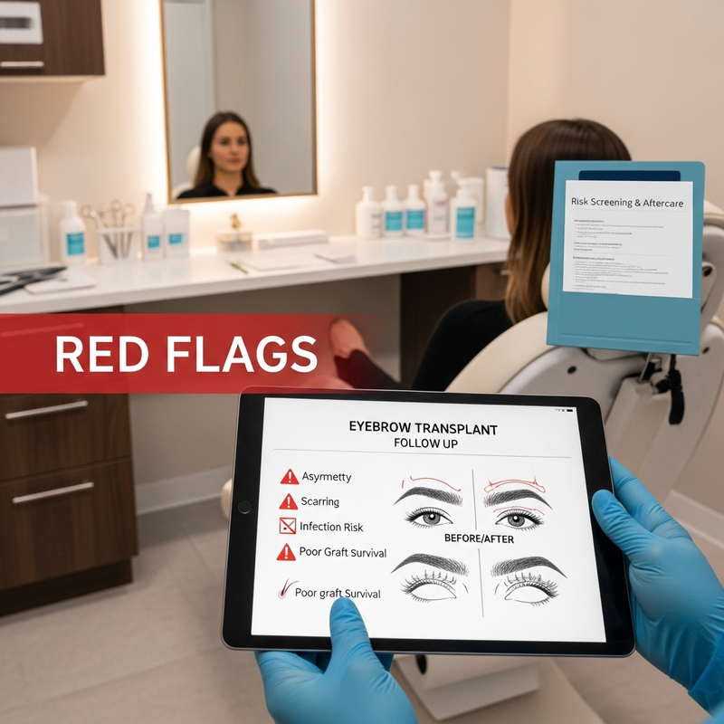 Close-up image illustrating eyebrow transplant problems like uneven density and hair direction, with a checklist-style layout for risk red flags