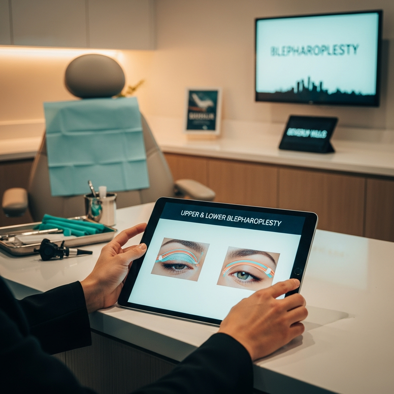 Blepharoplasty in Beverly Hills: close-up of natural eyelid lines and a patient reviewing eyelid surgery options