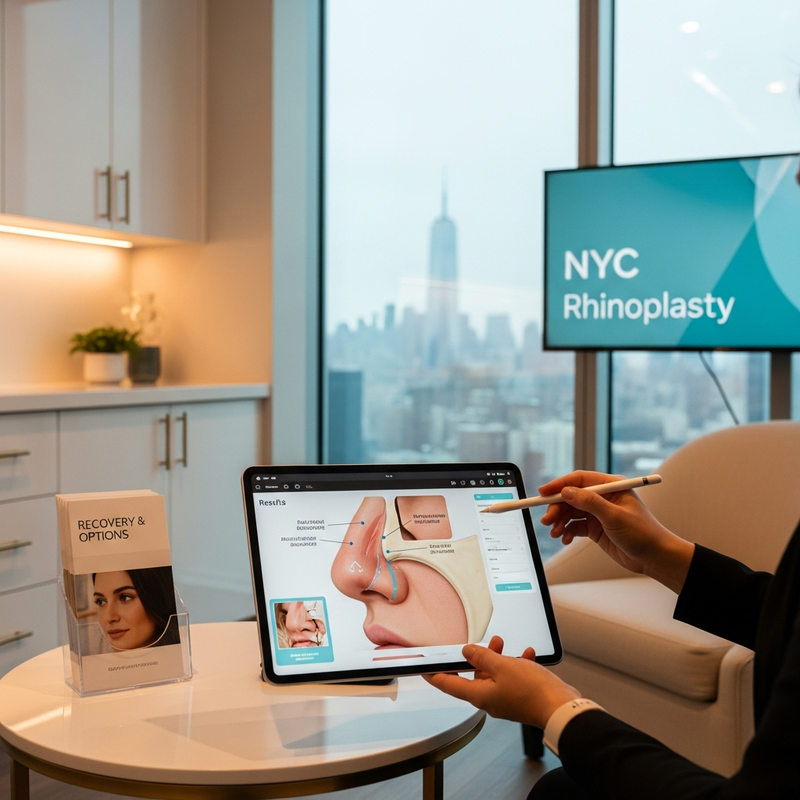 Rhinoplasty in NYC informational card showing nose anatomy landmarks and functional breathing considerations
