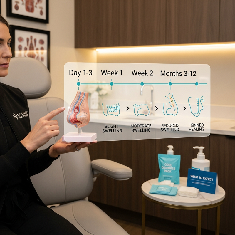 Close-up illustration representing rhinoplasty recovery time for rhinoplasty with week-by-week swelling stages
