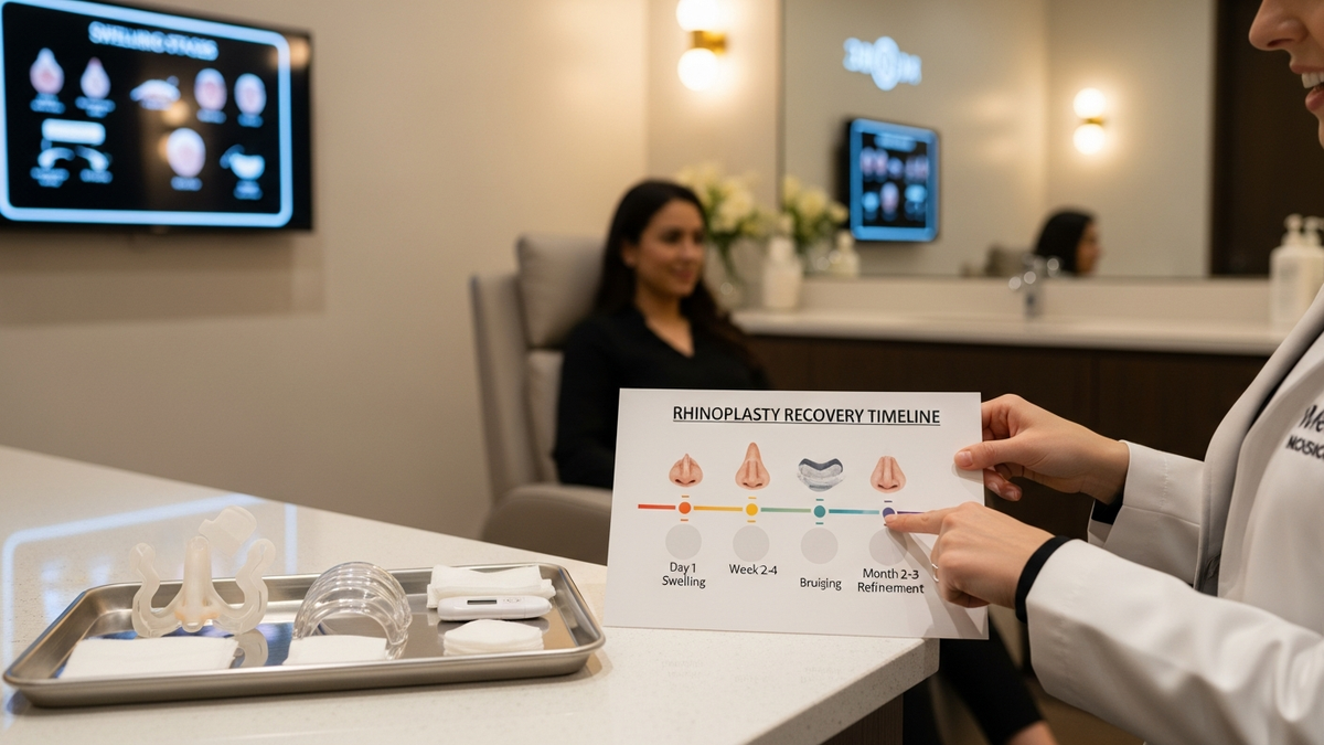 Recovery time of nose job guide showing a patient resting with elevated head and a calm facial aesthetic setting
