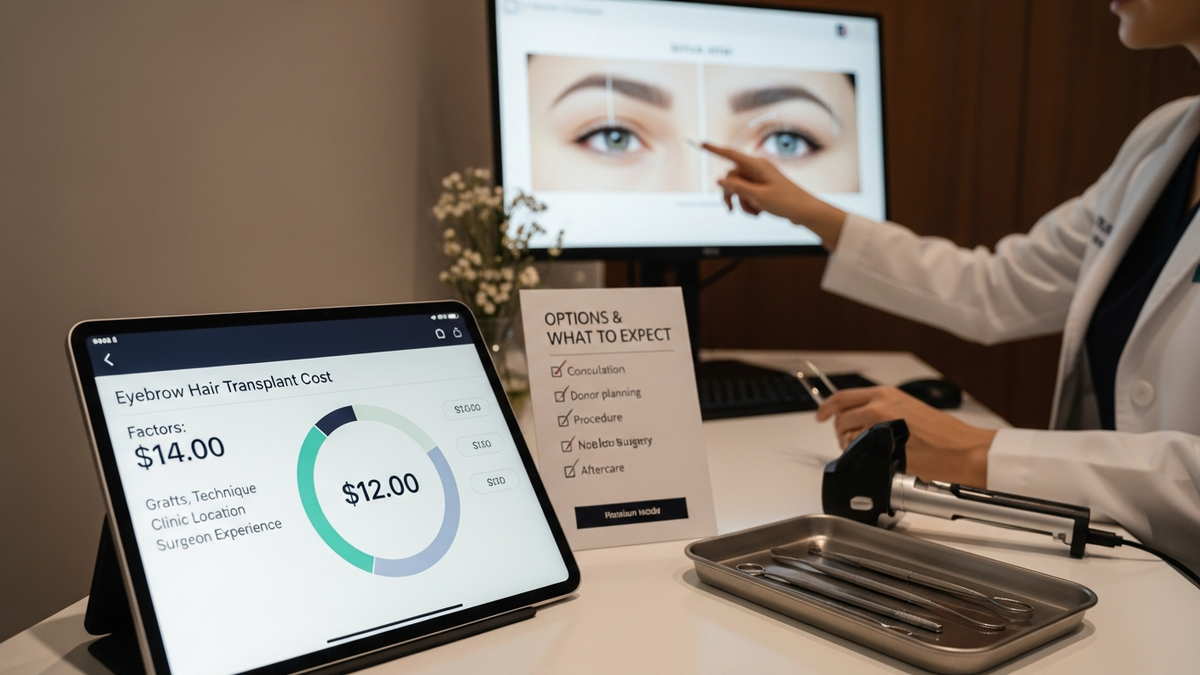 Eyebrow hair transplant consultation—patient reviewing eyebrow mapping and natural brow design to understand how much does eyebrow hair transplant cost