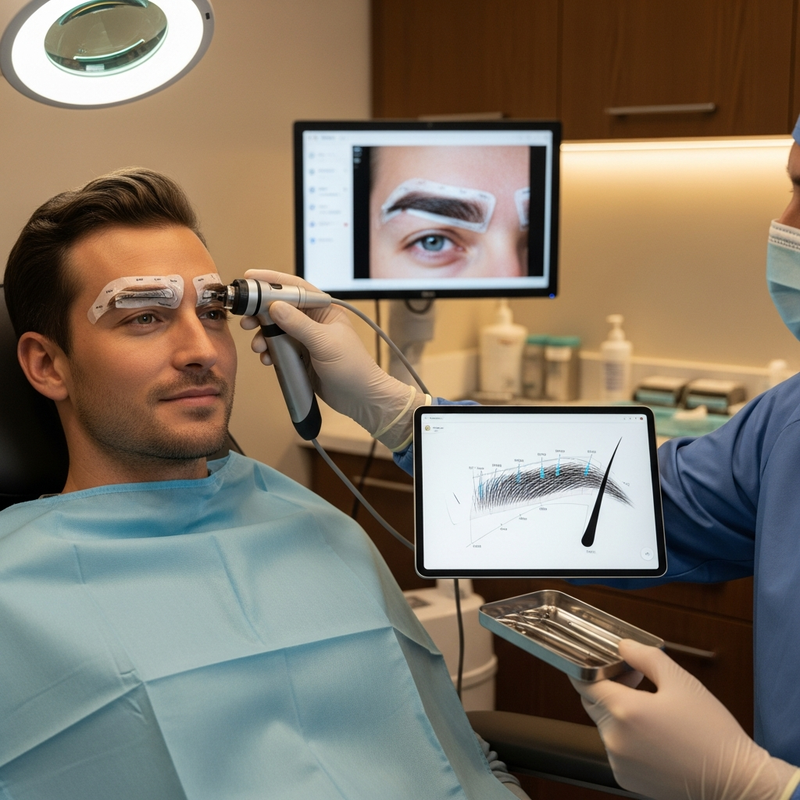 Eyebrow hair transplant men informational card with eyebrow mapping and subtle grooming detail