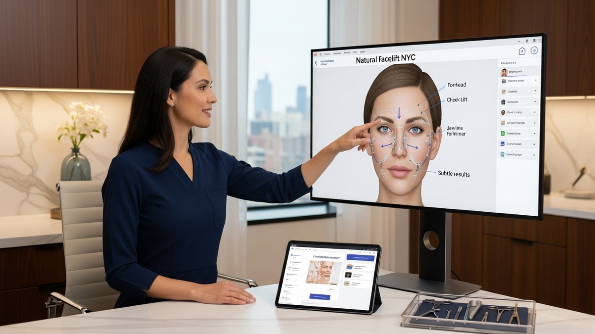 Natural facelift NYC consultation with a facial plastic surgeon planning subtle, youthful rejuvenation of the face and neck