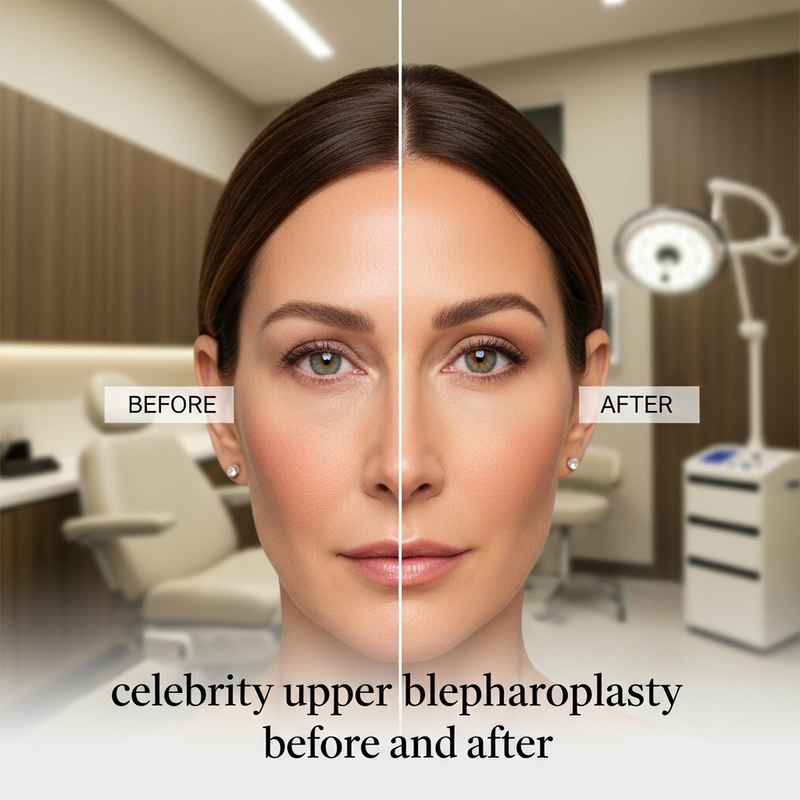 Celebrity upper blepharoplasty before and after—close-up view highlighting improved upper eyelid contour and reduced hooding