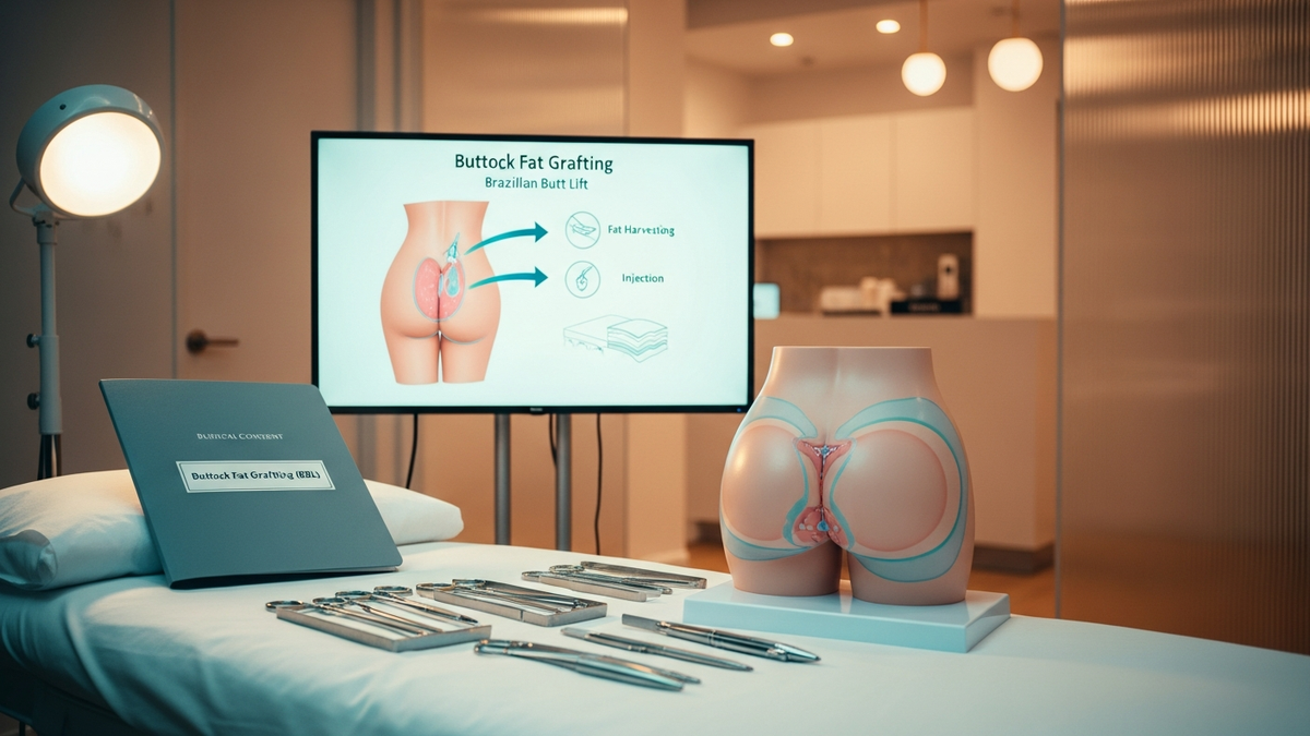 Buttock fat grafting consultation: surgeon discussing Brazilian butt lift goals and fat transfer plan with a patient in a modern clinic