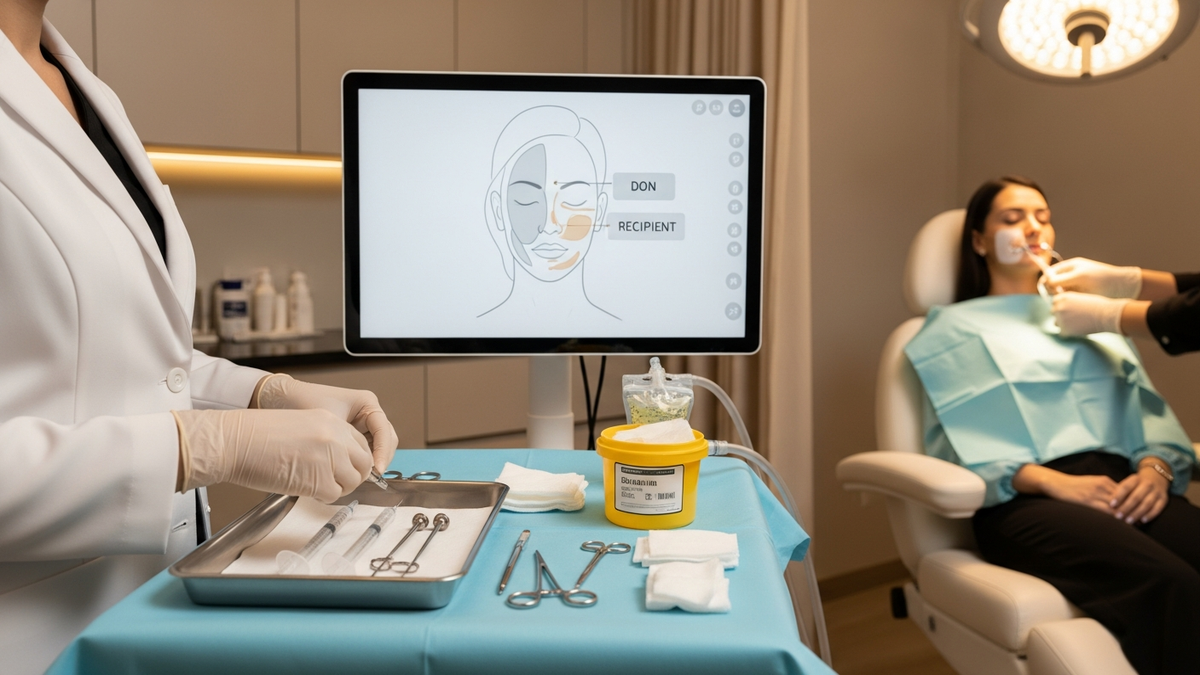 Fat grafting procedure consultation: surgeon discussing facial volume restoration plan with patient in a modern clinic setting