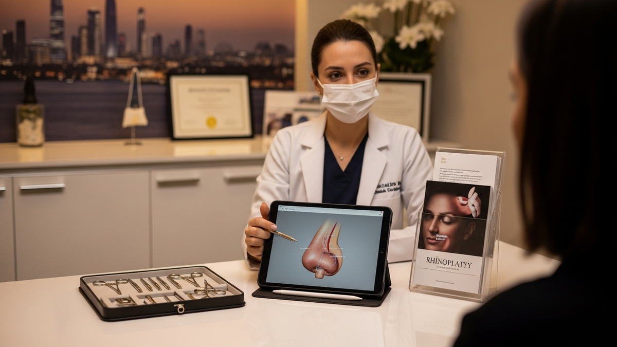 Turkish rhinoplasty consultation scene with a surgeon reviewing nasal anatomy and patient goals in a modern clinic setting