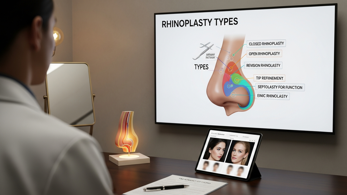 Rhinoplasty types guide illustration showing nose anatomy and airflow pathways for cosmetic and functional nose surgery planning.