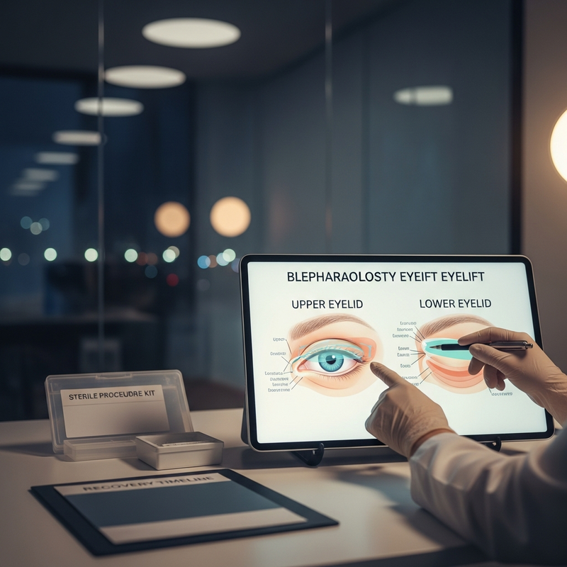 Blepharoplasty eye lift surgery close-up showing natural eyelid contours and incision placement for upper and lower eyelid rejuvenation