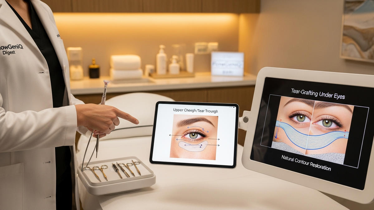 Fat grafting under eyes consultation in Beverly Hills: surgeon assessing tear trough area for natural-looking under-eye rejuvenation