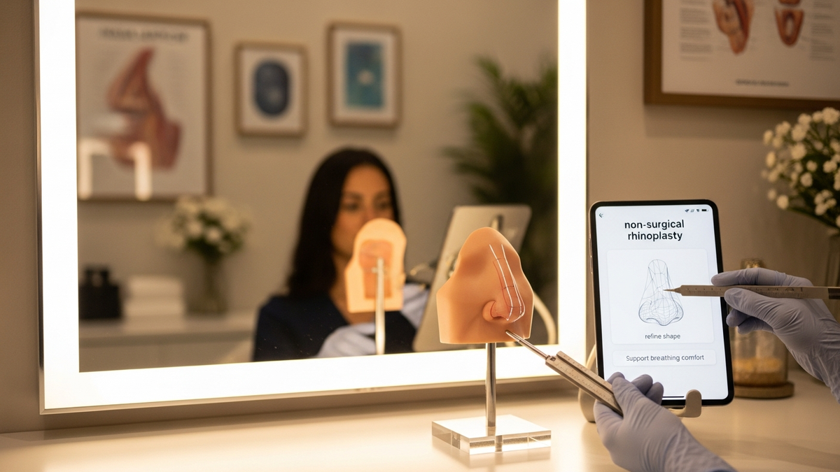 Non-surgical rhinoplasty consultation in Beverly Hills: a specialist discussing nose contouring options with a patient