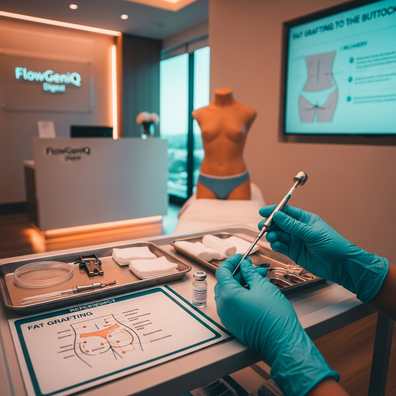 Fat grafting to the buttocks procedure overview card with injected fat sculpting and donor-site liposuction concept