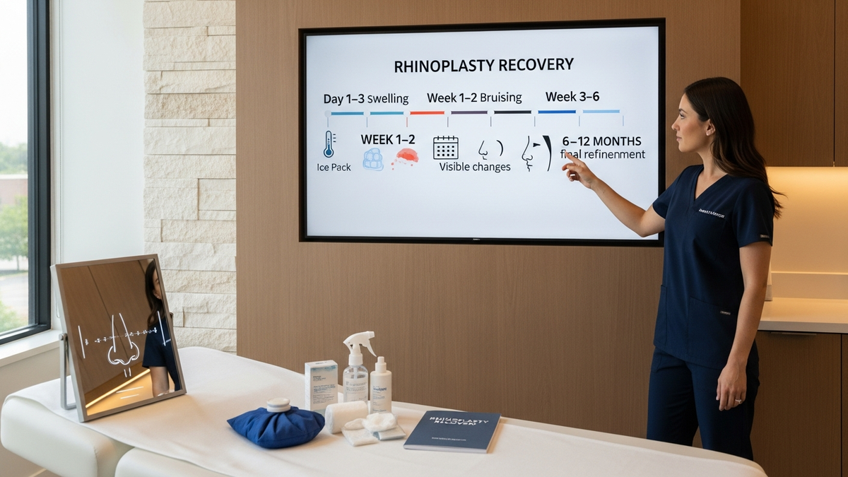 Rhinoplasty recovery timeline with a patient consult setting in Beverly Hills, showing stages of swelling improvement and healing milestones.