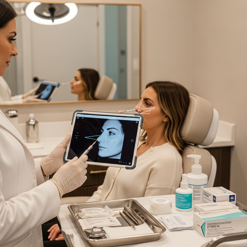 Nose injection rhinoplasty close-up concept image illustrating subtle nasal contour refinement with dermal filler planning