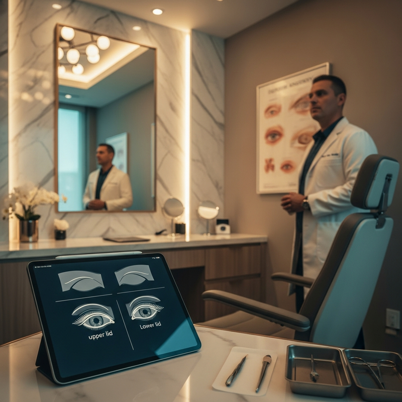Beverly Hills blepharoplasty eyelid surgery overview card showing upper and lower eyelid rejuvenation focus